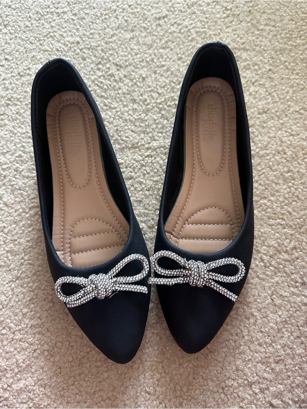 Black Satin Rhinestone Bow Ballet Flats | Size 9 🎀✨